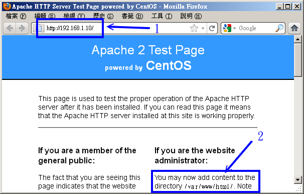 啟動 Apache 之後,所看到的預設首頁 啟動 Apache 之後,所看到的預設首頁